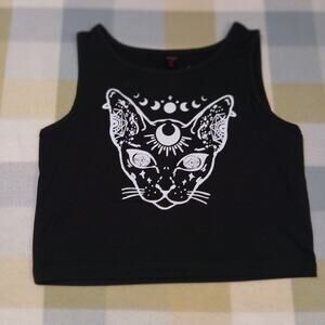 Romwe M Womens Crop Tank Top Goth Cat Print